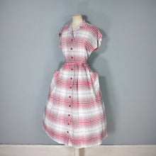 Load image into Gallery viewer, 40s RED AND GREY CHECK BUTTON THROUGH RAYON DAY DRESS - S