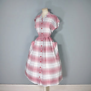 40s RED AND GREY CHECK BUTTON THROUGH RAYON DAY DRESS - S