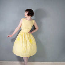 Load image into Gallery viewer, 50s 60s KAY WHITNEY YELLOW GINGHAM FULL SKIRTED DRESS WITH LACE SWIRLS - S