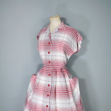 Load image into Gallery viewer, 40s RED AND GREY CHECK BUTTON THROUGH RAYON DAY DRESS - S