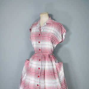 40s RED AND GREY CHECK BUTTON THROUGH RAYON DAY DRESS - S