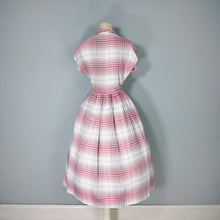 Load image into Gallery viewer, 40s RED AND GREY CHECK BUTTON THROUGH RAYON DAY DRESS - S