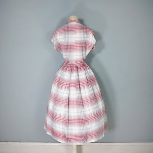 40s RED AND GREY CHECK BUTTON THROUGH RAYON DAY DRESS - S