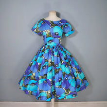 Load image into Gallery viewer, 50s 60s HANDMADE VIVID LARGE BLUE AND TURQUOUISE FLORAL FULL SKIRTED DRESS - XS-S