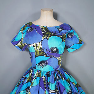 50s 60s HANDMADE VIVID LARGE BLUE AND TURQUOUISE FLORAL FULL SKIRTED DRESS - XS-S
