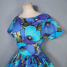 Load image into Gallery viewer, 50s 60s HANDMADE VIVID LARGE BLUE AND TURQUOUISE FLORAL FULL SKIRTED DRESS - XS-S