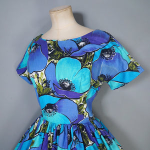 50s 60s HANDMADE VIVID LARGE BLUE AND TURQUOUISE FLORAL FULL SKIRTED DRESS - XS-S