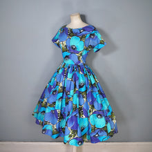 Load image into Gallery viewer, 50s 60s HANDMADE VIVID LARGE BLUE AND TURQUOUISE FLORAL FULL SKIRTED DRESS - XS-S