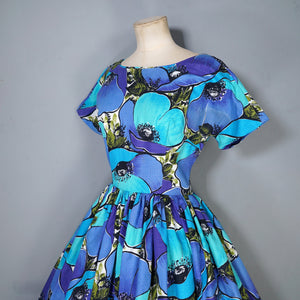 50s 60s HANDMADE VIVID LARGE BLUE AND TURQUOUISE FLORAL FULL SKIRTED DRESS - XS-S