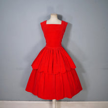 Load image into Gallery viewer, 50s GLAMOUROUS BOLD RED VELVET PARTY DRESS WITH TIERED SCALLOPED FULL SKIRT - M