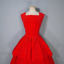 Load image into Gallery viewer, 50s GLAMOUROUS BOLD RED VELVET PARTY DRESS WITH TIERED SCALLOPED FULL SKIRT - M