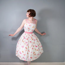 Load image into Gallery viewer, 50s WHITE AND PINK BUTTERFLY PRINT FULL SKIRTED SUN DRESS - S