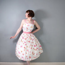 Load image into Gallery viewer, 50s WHITE AND PINK BUTTERFLY PRINT FULL SKIRTED SUN DRESS - S