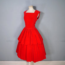 Load image into Gallery viewer, 50s GLAMOUROUS BOLD RED VELVET PARTY DRESS WITH TIERED SCALLOPED FULL SKIRT - M