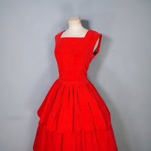 Load image into Gallery viewer, 50s GLAMOUROUS BOLD RED VELVET PARTY DRESS WITH TIERED SCALLOPED FULL SKIRT - M