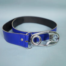Load image into Gallery viewer, VINTAGE BLUE FAUX LEATHER BELT WITH BIG SILVER SAFETY PIN BUCKLE- 29-30"