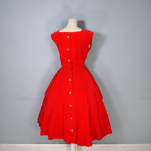 Load image into Gallery viewer, 50s GLAMOUROUS BOLD RED VELVET PARTY DRESS WITH TIERED SCALLOPED FULL SKIRT - M