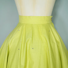 Load image into Gallery viewer, 50s RHINESTONED CHARTREUSE TEXTURED COTTON FULL SKIRT - 25.5&quot;