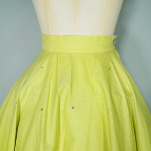 50s RHINESTONED CHARTREUSE TEXTURED COTTON FULL SKIRT - 25.5"