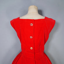Load image into Gallery viewer, 50s GLAMOUROUS BOLD RED VELVET PARTY DRESS WITH TIERED SCALLOPED FULL SKIRT - M