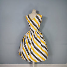 Load image into Gallery viewer, 50s 60s LINDA GAY BLACK YELLOW AND WHITE STRIPE COTTON DAY DRESS - M