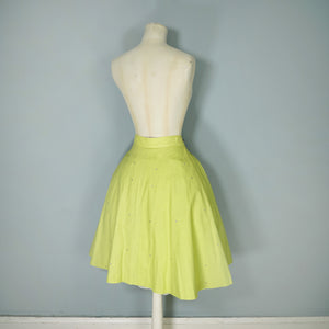 50s RHINESTONED CHARTREUSE TEXTURED COTTON FULL SKIRT - 25.5"