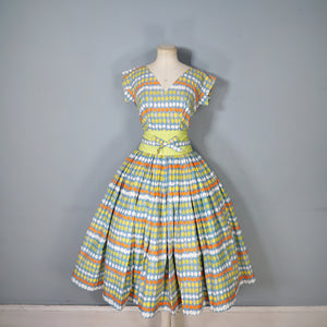 50s MARYON NOVELTY CITRUS FRUIT PRINT FULL SKIRTED COTTON DRESS - S