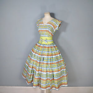 50s MARYON NOVELTY CITRUS FRUIT PRINT FULL SKIRTED COTTON DRESS - S