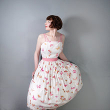 Load image into Gallery viewer, 50s WHITE AND PINK BUTTERFLY PRINT FULL SKIRTED SUN DRESS - S