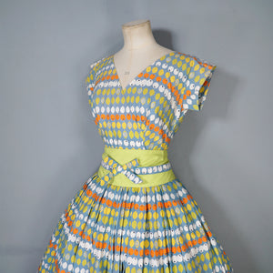 50s MARYON NOVELTY CITRUS FRUIT PRINT FULL SKIRTED COTTON DRESS - S