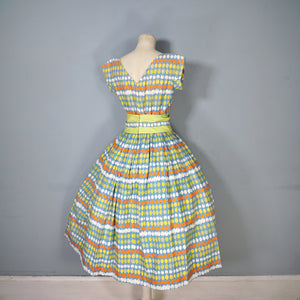 50s MARYON NOVELTY CITRUS FRUIT PRINT FULL SKIRTED COTTON DRESS - S