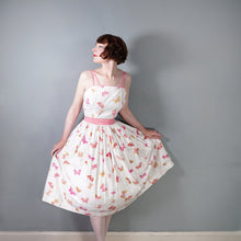Load image into Gallery viewer, 50s WHITE AND PINK BUTTERFLY PRINT FULL SKIRTED SUN DRESS - S