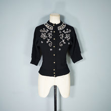 Load image into Gallery viewer, 50s BLACK BOUCLE KNIT BEADED EMBELLISHED CARDIGAN - S