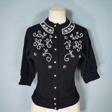 Load image into Gallery viewer, 50s BLACK BOUCLE KNIT BEADED EMBELLISHED CARDIGAN - S