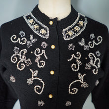 Load image into Gallery viewer, 50s BLACK BOUCLE KNIT BEADED EMBELLISHED CARDIGAN - S