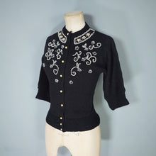 Load image into Gallery viewer, 50s BLACK BOUCLE KNIT BEADED EMBELLISHED CARDIGAN - S