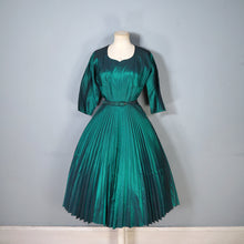 Load image into Gallery viewer, 50s RODNEY DARK GREEN METALLIC TAFFETA PLEATED FULL SKIRT DRESS WITH BELT - XS-S