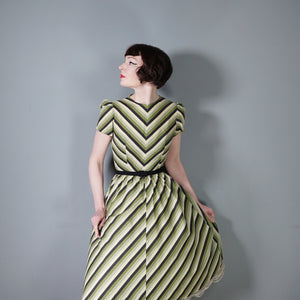60s SHARP GREEN AND BLACK CHEVRON STRIPE PUFF SLEEVE DAY DRESS - S