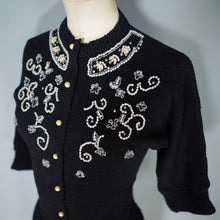 Load image into Gallery viewer, 50s BLACK BOUCLE KNIT BEADED EMBELLISHED CARDIGAN - S