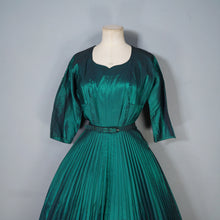 Load image into Gallery viewer, 50s RODNEY DARK GREEN METALLIC TAFFETA PLEATED FULL SKIRT DRESS WITH BELT - XS-S