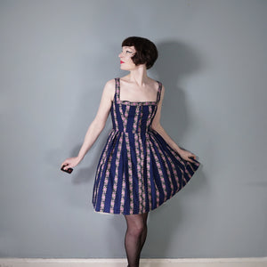 70s DARK BLUE AND PINK ROSE "HANNA" TRACHTEN MINI DIRNDL DRESS - S