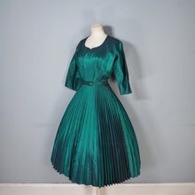 Load image into Gallery viewer, 50s RODNEY DARK GREEN METALLIC TAFFETA PLEATED FULL SKIRT DRESS WITH BELT - XS-S