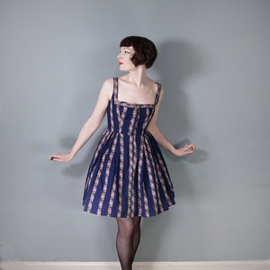 70s DARK BLUE AND PINK ROSE "HANNA" TRACHTEN MINI DIRNDL DRESS - S