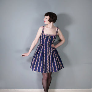 70s DARK BLUE AND PINK ROSE "HANNA" TRACHTEN MINI DIRNDL DRESS - S