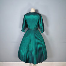 Load image into Gallery viewer, 50s RODNEY DARK GREEN METALLIC TAFFETA PLEATED FULL SKIRT DRESS WITH BELT - XS-S