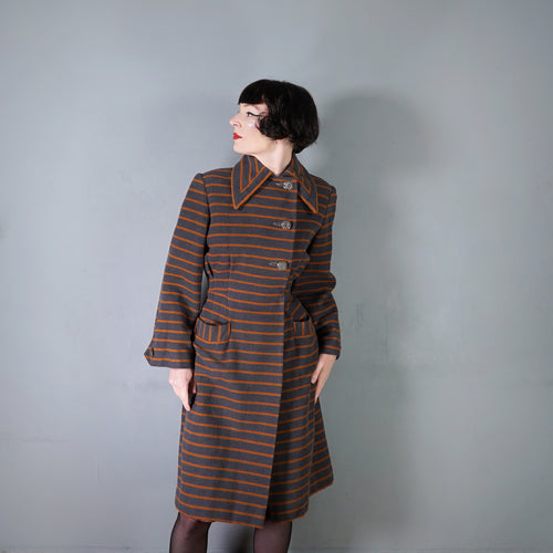 40s TREWARNE GREY AND ORANGE STRIPED ART DECO WOOL COAT - S