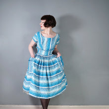 Load image into Gallery viewer, 50s KENDAL MILNE BLUE ROSE FLORAL DAY DRESS WITH FULL SKIRT - S