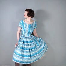 Load image into Gallery viewer, 50s KENDAL MILNE BLUE ROSE FLORAL DAY DRESS WITH FULL SKIRT - S