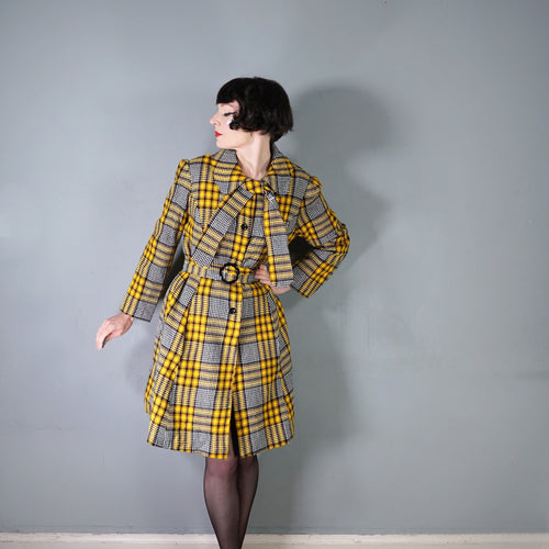 70s HANDMADE BLACK AND YELLOW CHECK BELTED COAT - L