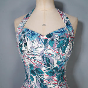 50s BIG BLUE ROSE FLORAL PRINT SHIRRED COTTON SWIMSUIT - S-M